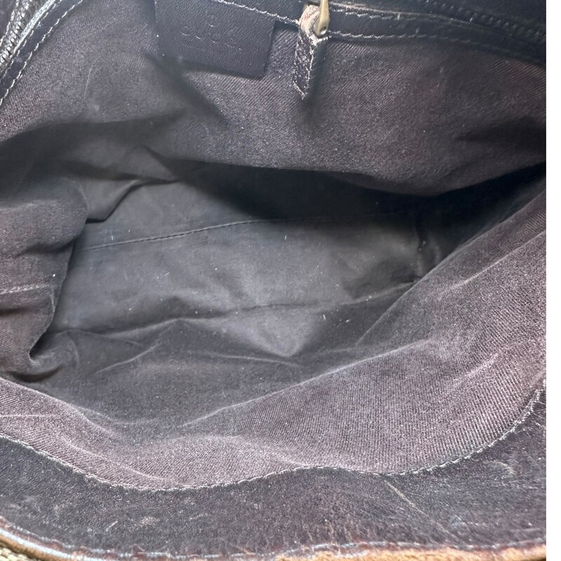 Gucci Canvas Belt  Monogram Tote<br />
<br />
Style Code: 107757 213048<br />
<br />
Dimensions: 12L X 10.5H X 4W<br />
<br />
In very good condition. Scratches on the leather.<br />
<br />
Does not come with original dust bag or box