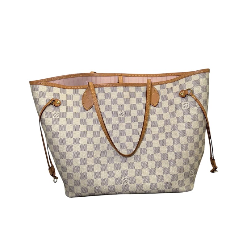 Louis Vuitton Neverfull Damier Azur Rose Ballerina Tote<br />
<br />
With Pouch<br />
<br />
Date Code:Microchip<br />
<br />
Dimensions: 12.2 x 11 x 5.5 inches<br />
                          Length x Height x Width<br />
<br />
In very good condition. Some minor interior marks.<br />
<br />
Comes with the original duist bag and box.