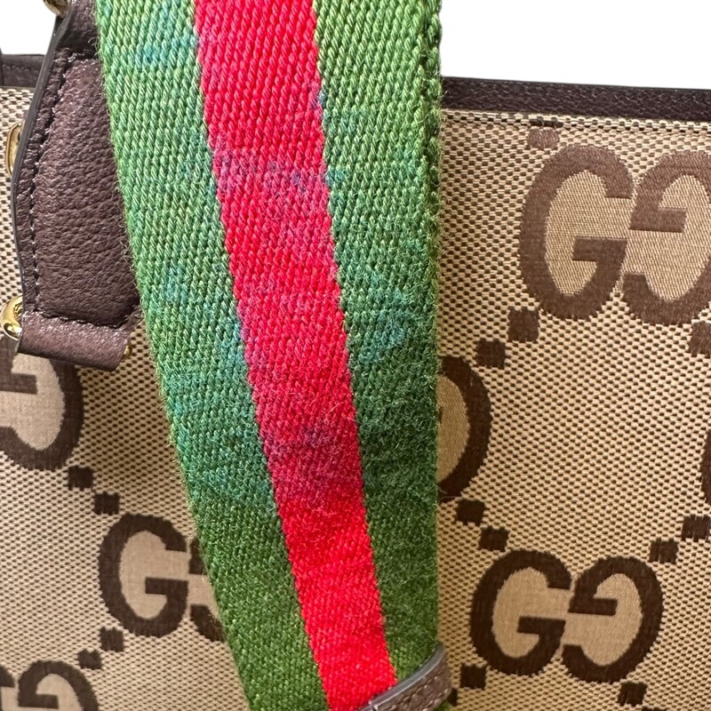 Gucci Jumbo GG Canvas Tote With Removable Strap<br />
<br />
Style Code: 678839.520981<br />
<br />
Dimensions: 15 L X 13 H inches<br />
<br />
In very good condition. Some corner wear, some minor wear on the handles and marks inside the interior.<br />
<br />
Does not come with original dust bag or box.