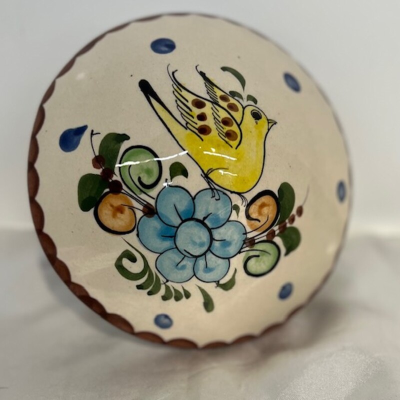 Tonala Bird Painted Mushroom Figurine<br />
Cream Brown Blue Yellow Size: 6 x 4.5H