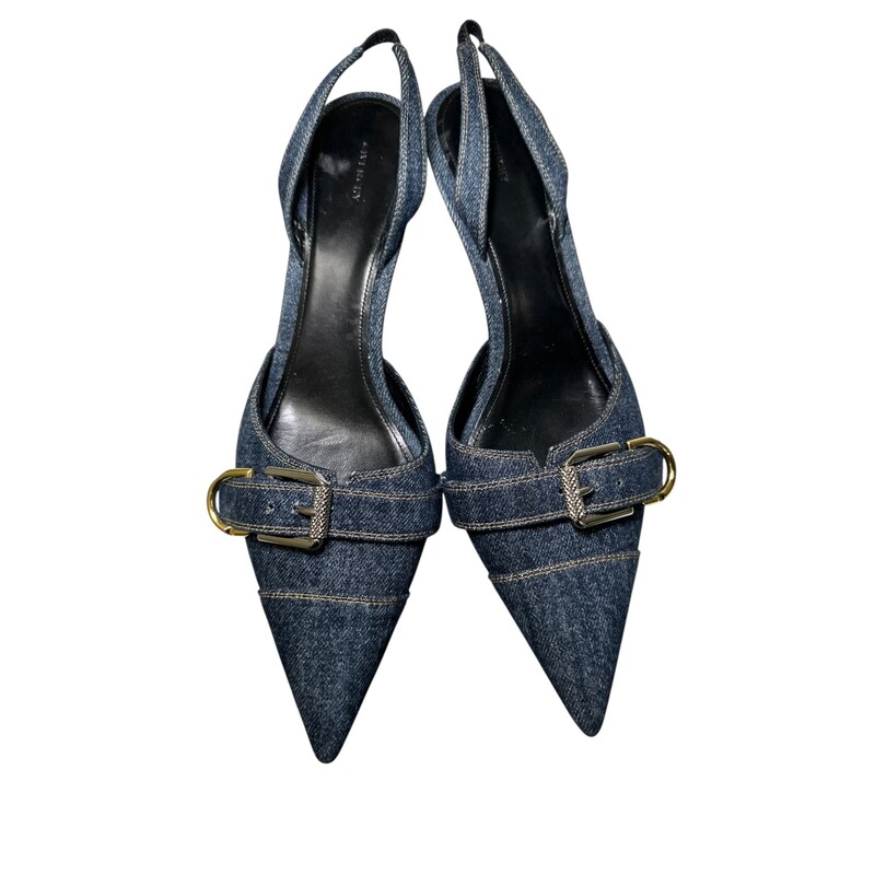 Givenchy Voyou Buckle Denim Sling Back<br />
<br />
Size 42<br />
<br />
Code: DY4204<br />
<br />
In very good condition. Light wear to the heels.<br />
<br />
Does not come with the original dust bag or box.