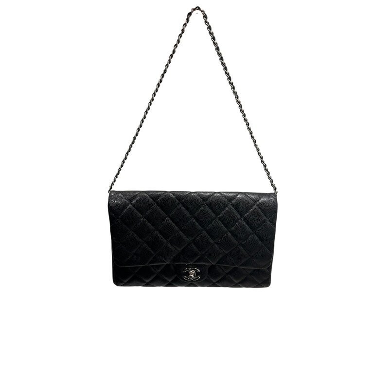 Chanel Cavair Clutch Chain Black Handbag<br />
<br />
Date Code: 1890****<br />
<br />
Dimensions<br />
Length: 11.25 in<br />
Height: 7 in<br />
Width: 1.75 in<br />
Drop: 9 in<br />
<br />
In very  condition. Minor scratching on the hardware, minor corner wear  and minor marks inside the interior.<br />
<br />
Comes with the original dut bag. No box