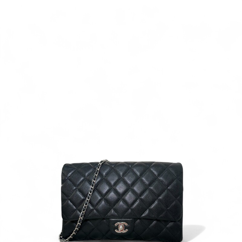 Chanel Cavair Clutch Chain Black Handbag

Date Code: 1890****

Dimensions
Length: 11.25 in
Height: 7 in
Width: 1.75 in
Drop: 9 in

In very  condition. Minor scratching on the hardware, minor corner wear  and minor marks inside the interior.

Comes with the original dut bag. No box