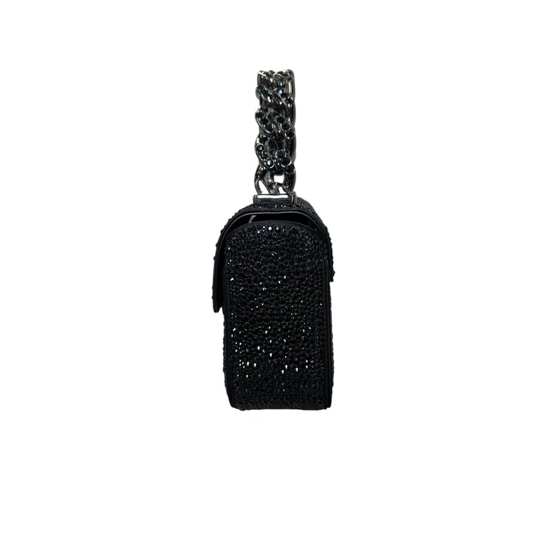 Versace Crystal La Medusa Top Handle Black Mini<br />
<br />
In excellent condition.<br />
<br />
Dimensions:<br />
L6.3 x W2.4 x H4.7 / L16 x W6 x H12 cm<br />
Strap: L46-50 / L117-127 cm<br />
Strap drop: L19-20.5 / L48-52 cm<br />
Handle drop: L2.6 / L6.5 cm<br />
<br />
Comes with the original dust bag and box.
