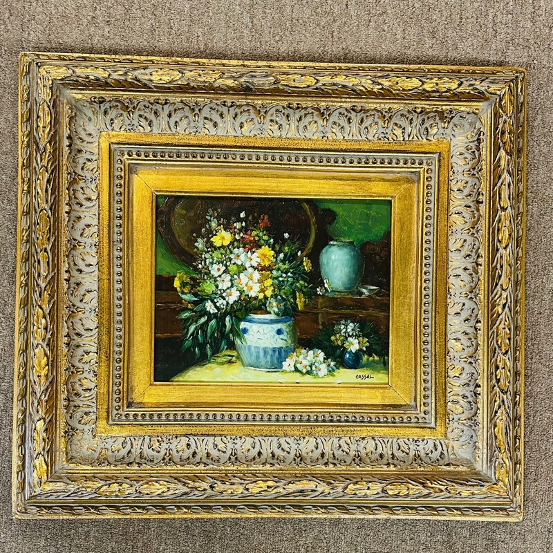 Floral Still Life Oil Painting in Ornate Frame
Gold Green Brown Blue Size: 20 x 18H