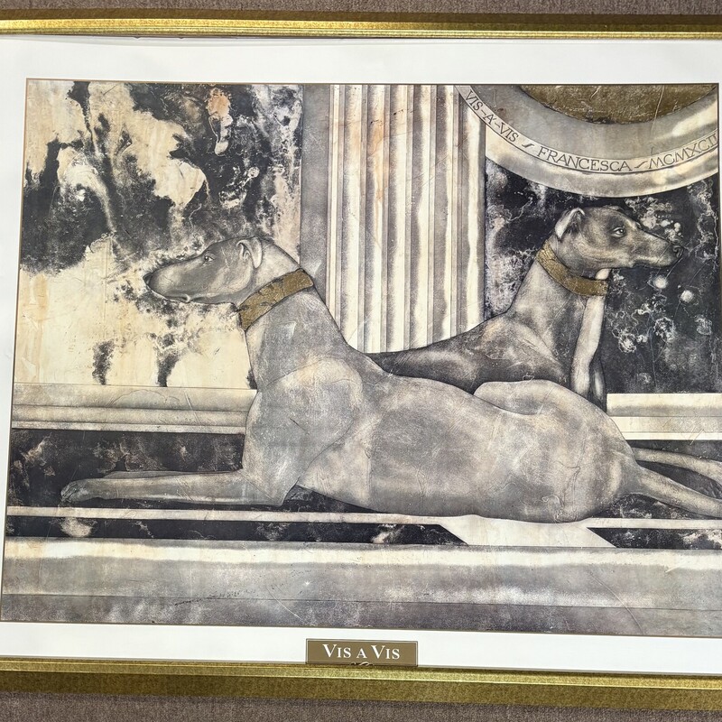 Greyhounds Vis A Vis Print
Grey Tan Gold Black in Gold Frame
Size: 46x39H
As Is- Top Left Loose Frame Secured on Back