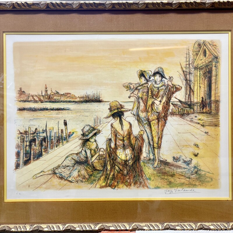 Artists Proof (EP - Epreuve D'Artiste) Vintage Lithograph by Jacques Lalande. A scene in Venice with musicians
Size: 29x23