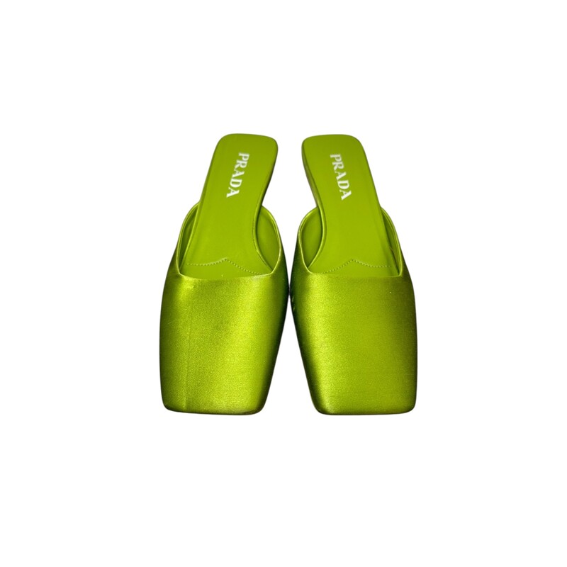 Prada Satin Mules 35mm Green<br />
<br />
Size: 37<br />
<br />
In very good condition. Light scuffs satin and bottom soles.<br />
<br />
Does not come with the original dus tbag or box.