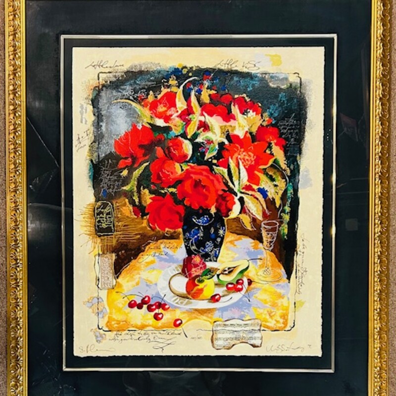 Wissotzky Red Flowers Dark Print
Red Black Yellow Blue in Gold Frame
Size: 32x37.5H
This is a limited edition serigraph on canvas by Alexander Galtchansky and Tanya Wissotzky. It is numbered and hand-signed and depicts vibrant flowers against a dark background in a romantic, nostalgic style.