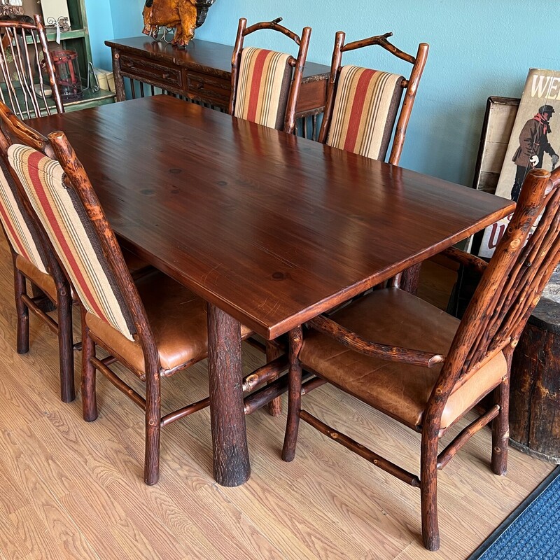 Hickory Table 6 Chairs, Leather, Fabric
76in x 40in x 30in