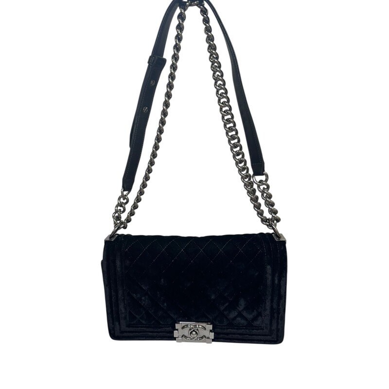 Chanel Velvet Boy Bag Black Medium<br />
<br />
Code: 21****07<br />
<br />
Dimensions:10 L x 5 H inches<br />
<br />
In very good condition. A few scuffs and scratches throughout the bag.<br />
<br />
Does not come with the original dust bag or box.