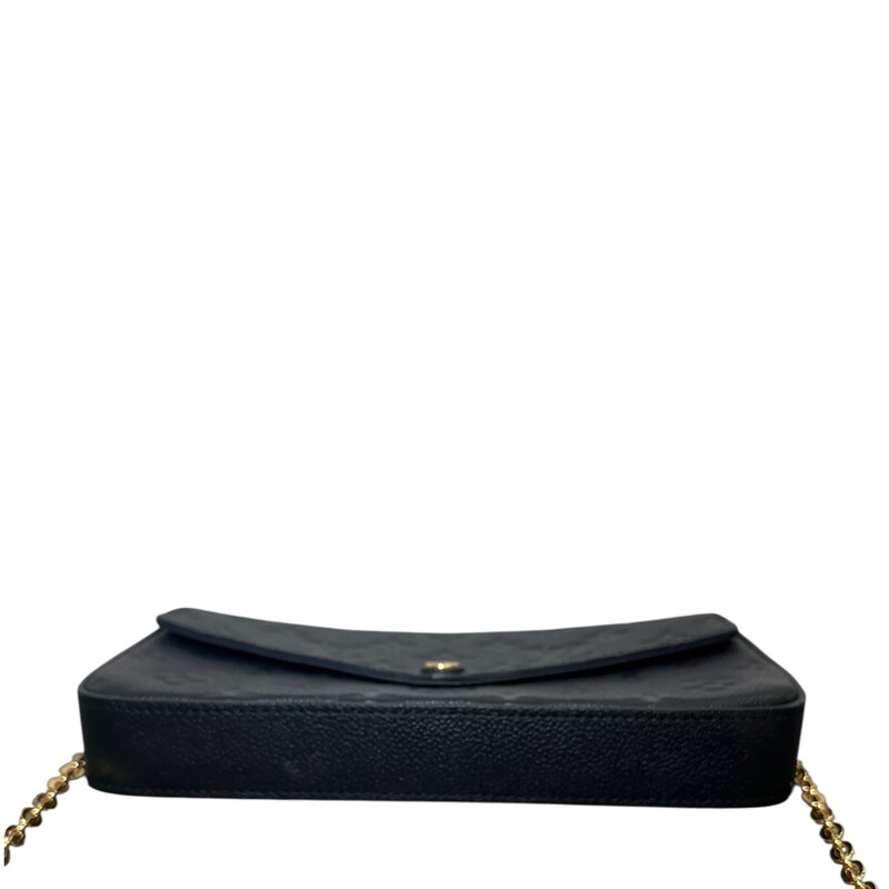 Louis Vuitton Felicie Black Empriente Chain Bag with card holder and pouchette inserts<br />
<br />
Date Code: Microchip<br />
<br />
Dimensions:<br />
8.5 W x 5 H x 1 D inches<br />
22 inches strap drop<br />
<br />
In very good condition. Scratching on the hardware.<br />
<br />
Does not come with the original dust bag or box.