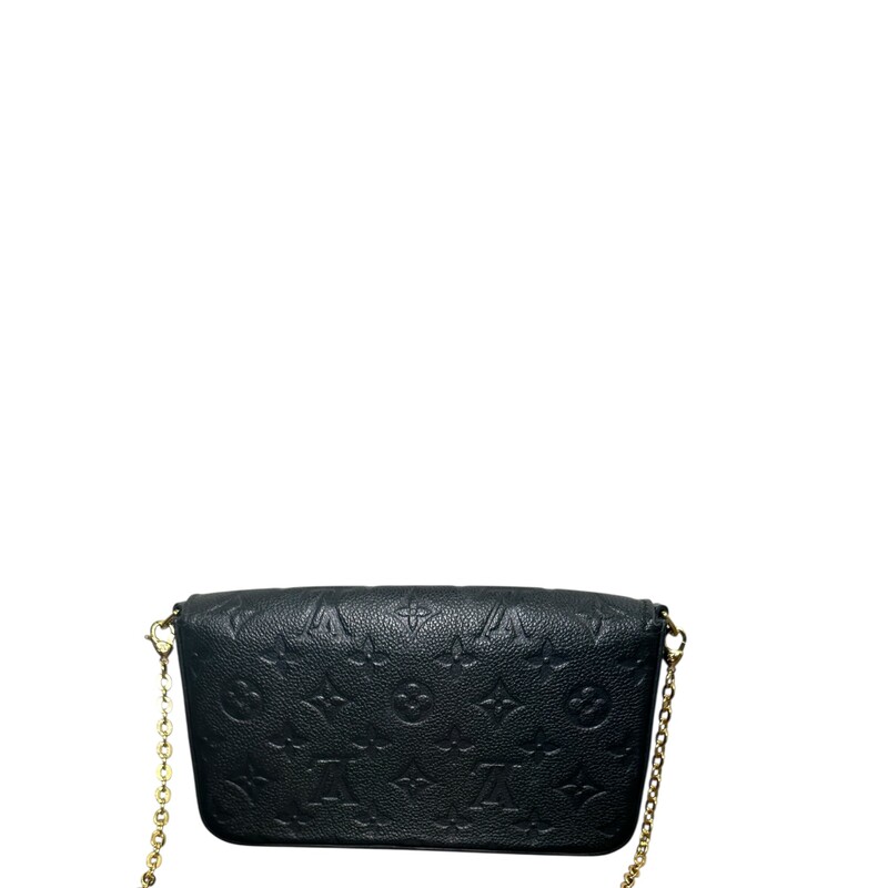 Louis Vuitton Felicie Black Empriente Chain Bag with card holder and pouchette inserts<br />
<br />
Date Code: Microchip<br />
<br />
Dimensions:<br />
8.5 W x 5 H x 1 D inches<br />
22 inches strap drop<br />
<br />
In very good condition. Scratching on the hardware.<br />
<br />
Does not come with the original dust bag or box.
