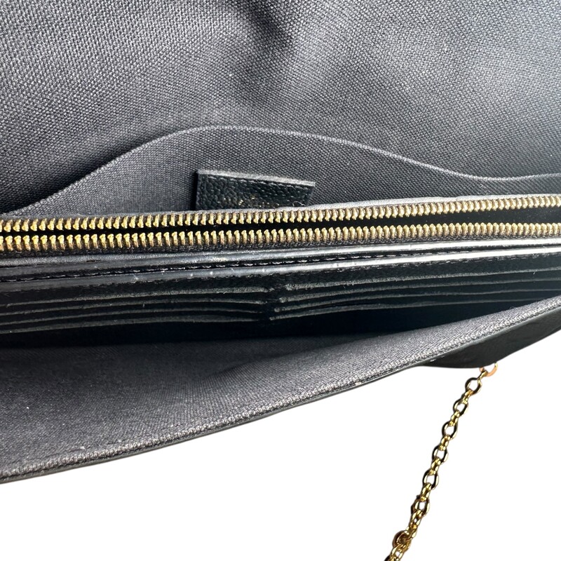 Louis Vuitton Felicie Black Empriente Chain Bag with card holder and pouchette inserts<br />
<br />
Date Code: Microchip<br />
<br />
Dimensions:<br />
8.5 W x 5 H x 1 D inches<br />
22 inches strap drop<br />
<br />
In very good condition. Scratching on the hardware.<br />
<br />
Does not come with the original dust bag or box.