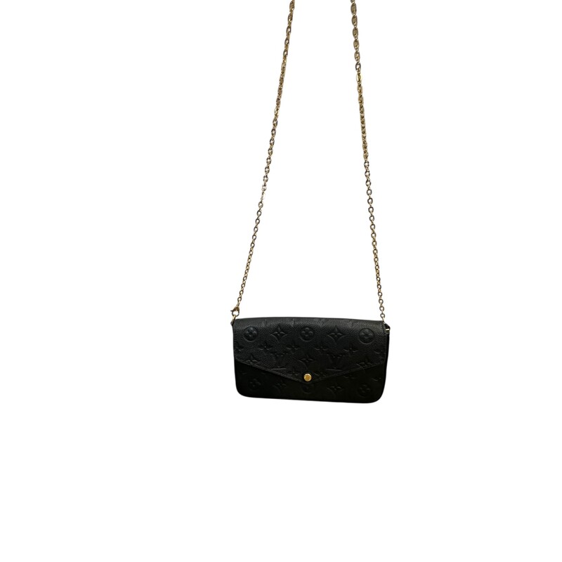 Louis Vuitton Felicie Black Empriente Chain Bag with card holder and pouchette inserts<br />
<br />
Date Code: Microchip<br />
<br />
Dimensions:<br />
8.5 W x 5 H x 1 D inches<br />
22 inches strap drop<br />
<br />
In very good condition. Scratching on the hardware.<br />
<br />
Does not come with the original dust bag or box.