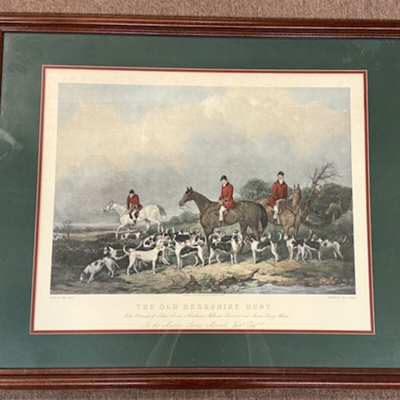 Old Berkshire Hunt Print
Cream Green Brown Burgundy in Brown Frame
Size: 35x29H
Print by Philip Thomas of Painting by John Goode