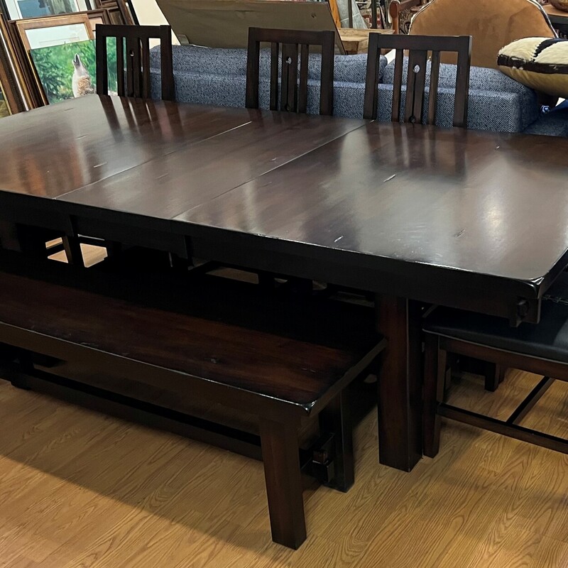 Mission Table 6 Chairs, Darkwood, 1 Bench<br />
76in x 44in x 30in  16in leaf