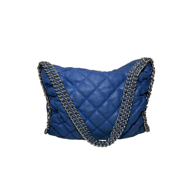 Chanel Around Hobo Quilted Chain  Washed Lambskin<br />
<br />
Serial Code:15xxxxxx<br />
<br />
Dimensions: 10 L x 9 H inches<br />
<br />
In fair condition. Some color discolration on the back of the bag. Minor interior marks. Hardware scratches.<br />
<br />
Does not come with original dust bag or box.