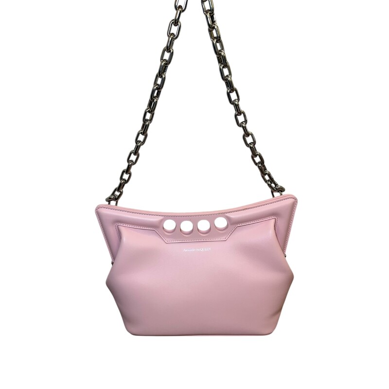 Alexander McQueen Peak Curve New Pink Mini<br />
<br />
Dimensions:<br />
Base length: 6.75 in<br />
Height: 5.75 in<br />
Width: 3.50 in<br />
Drop: 17.75 in<br />
<br />
In very good condition. Light scratch on the back of the bag.<br />
<br />
Comes with the original dust bag. No box.