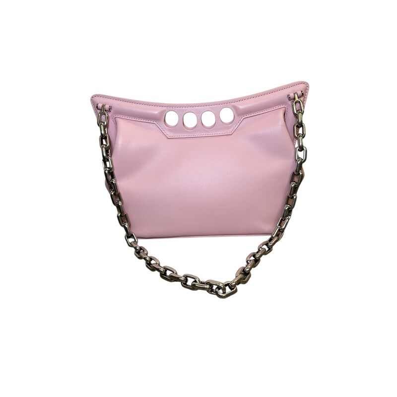 Alexander McQueen Peak Curve New Pink Mini<br />
<br />
Dimensions:<br />
Base length: 6.75 in<br />
Height: 5.75 in<br />
Width: 3.50 in<br />
Drop: 17.75 in<br />
<br />
In very good condition. Light scratch on the back of the bag.<br />
<br />
Comes with the original dust bag. No box.