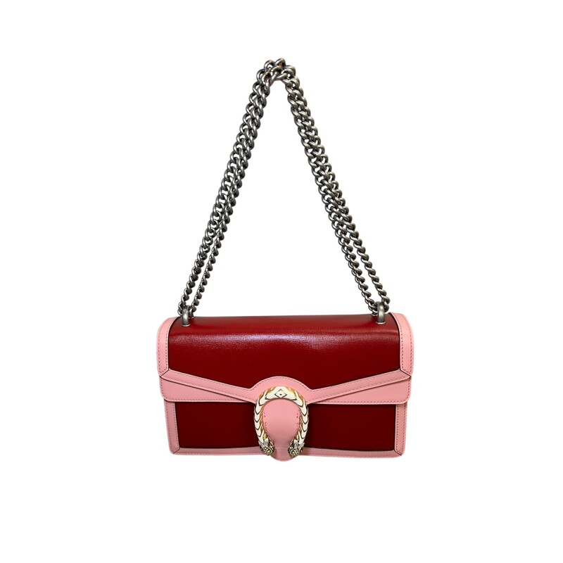 Gucci Dionysus Leather Flap Shoulder Bag Maroon and Pink<br />
<br />
Code: 400249 520981<br />
<br />
Dimensions:<br />
10.5W x 6.5H x 1.5D<br />
None handle drop<br />
23 strap drop<br />
<br />
In excellent condition.<br />
<br />
Does not come with the original dust bag or box.
