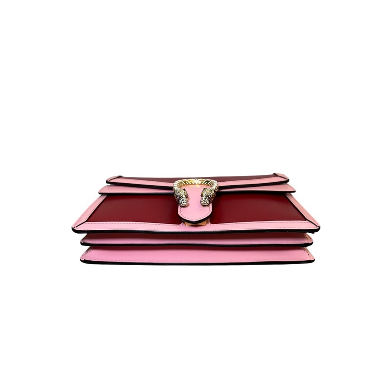 Gucci Dionysus Leather Flap Shoulder Bag Maroon and Pink<br />
<br />
Code: 400249 520981<br />
<br />
Dimensions:<br />
10.5W x 6.5H x 1.5D<br />
None handle drop<br />
23 strap drop<br />
<br />
In excellent condition.<br />
<br />
Does not come with the original dust bag or box.