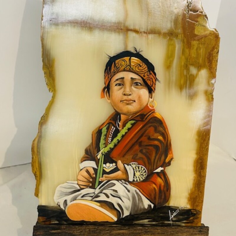 Native American Onyx Slab Youth Art on Wood Easel
Tan Brown Red Green Size: 9.5 x 17H
