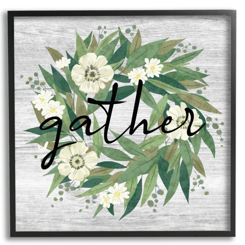 Gather Calligraphy Flower Wreath Framed Giclee
Green White Gray Black Size: 12 x 12H