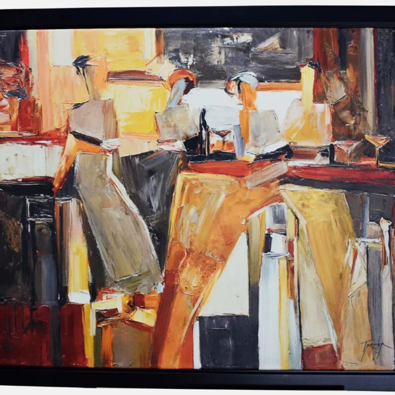 Tremler Celebration Oil
Orange Brown Rust in Black Frame
Size: 44x34H
It's an abstract oil painting depicting four ladies gathered around a bar with martinis. Tremler is known for his abstract figurative works, often featuring female figures in festive or bohemian settings.