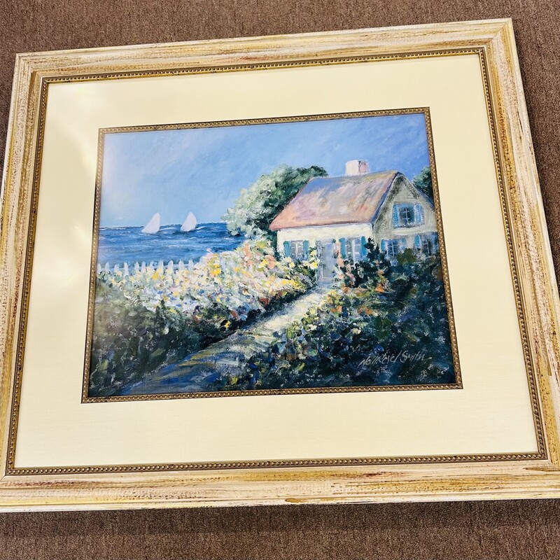 Beach Cottage Impressionism Print
Blue Green Yellow in Cream Brown Gold Frame
Size: 37x34H
Pale Yellow Linen Silk Frame
Musuem Quality Glass