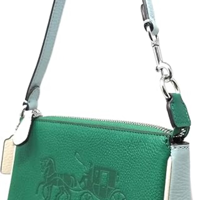 Coach Nolita Color Block Bag Purse,
Green with Lt Blue and White Piping
Size: 7.5x2x4.5H
Horse And Carriage Design on Front
Green and Light Green/Blue with Silver Hardware
Refined pebble leather
Two credit card slots
Detachable clip wristlet strap
Inside multifunction pocket
Retail $225