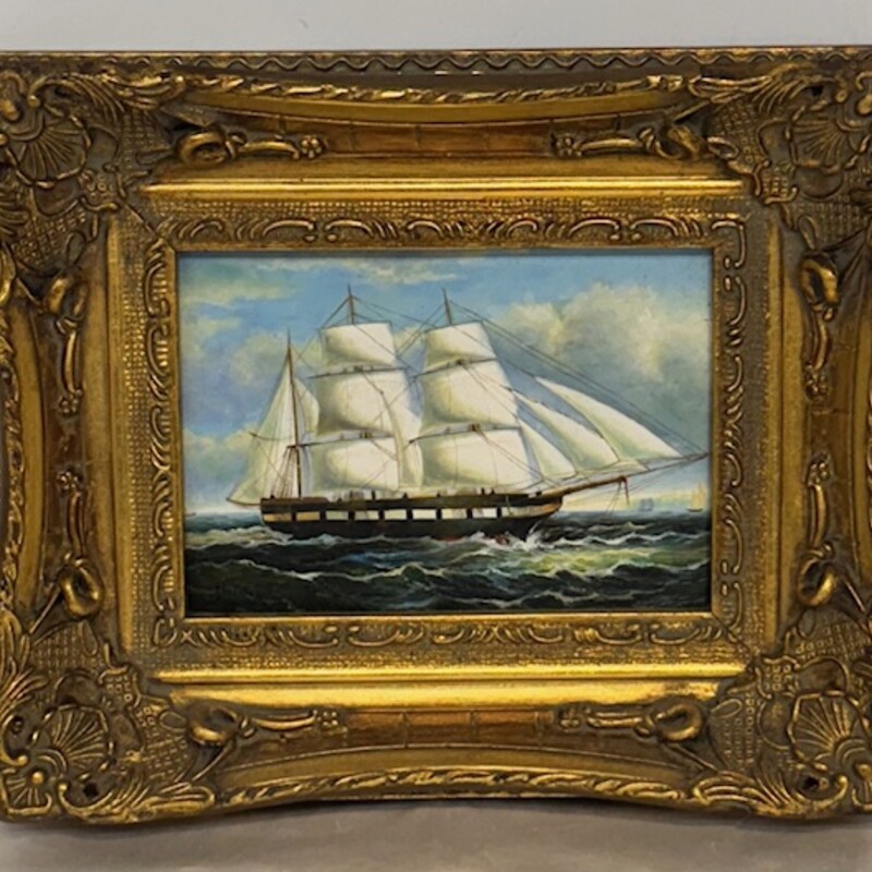 Ship Oil Painting
Blue White Gold
Size: 11x9H
