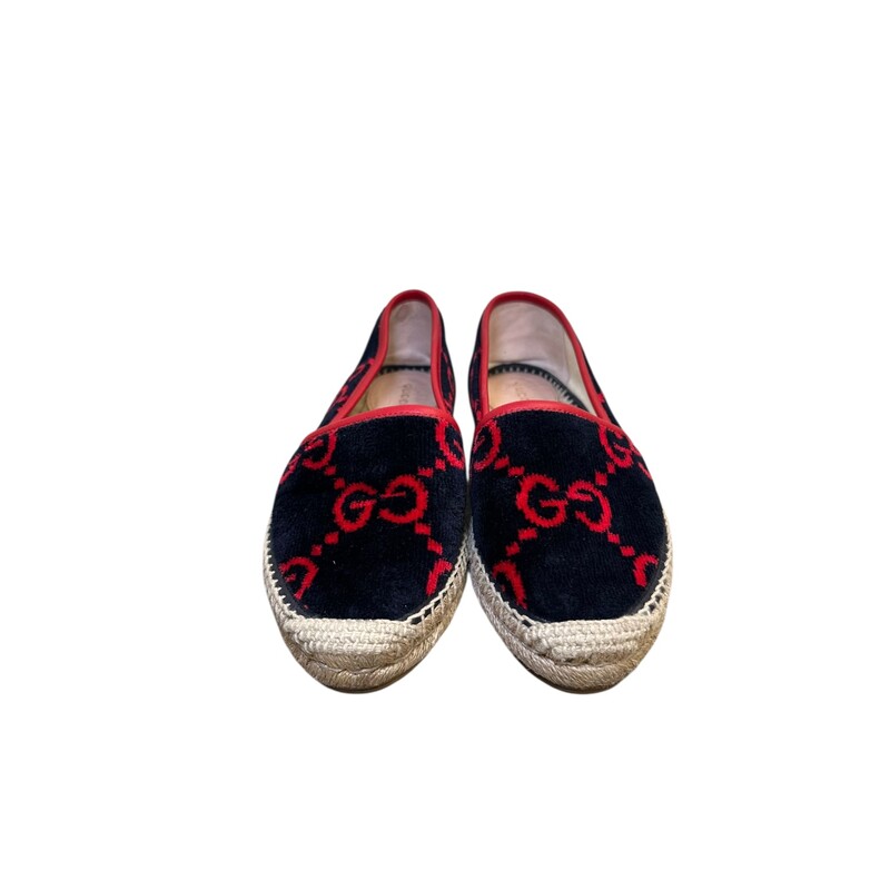 Gucci Terry Cloth GG Espadrilles Navy Red<br />
<br />
Size: 36.5<br />
<br />
Code: 580877<br />
<br />
In very good condition. Light wear to inner sole.<br />
<br />
Does not come with the original dust bag or box.