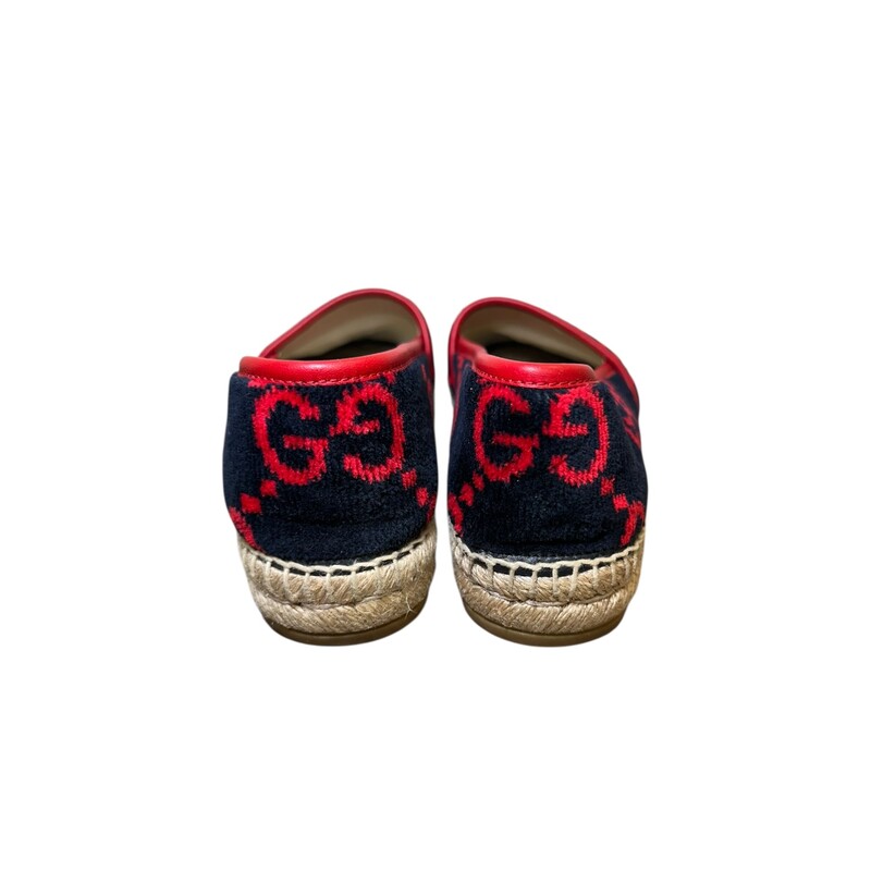 Gucci Terry Cloth GG Espadrilles Navy Red<br />
<br />
Size: 36.5<br />
<br />
Code: 580877<br />
<br />
In very good condition. Light wear to inner sole.<br />
<br />
Does not come with the original dust bag or box.