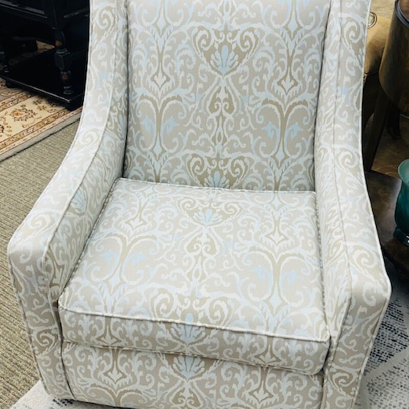 Custom Upholstered Swivel Living Chair
Gray White Blue Size: 29 x 34 x 36H
Fabric name: Winchester Dusk
Matching chair sold separately