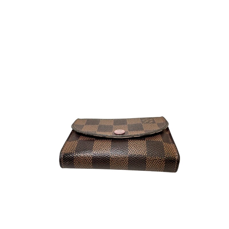 Louis Vuitton Rosa Ebene Wallet<br />
<br />
Code: UB2109<br />
<br />
Dimensions:<br />
Length: 4 in<br />
Height: 3 in<br />
Width: 0.5 in<br />
<br />
In fair condition. Wear to the trim, interior and exterior. Snap coloring worn as well.<br />
<br />
Comes with the original dust bag and box.