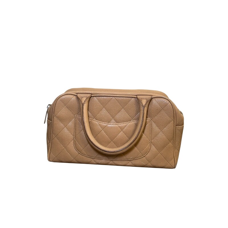 Chanel Timeless Bowler Caviar Beige Bowler<br />
<br />
Code: 9715***<br />
<br />
Dimensions:<br />
10.5W x 6H x 3.5D<br />
4 handle drop<br />
<br />
In very good condition. Wear to the corners and handles.<br />
<br />
Does not come with the original dust bag or box.