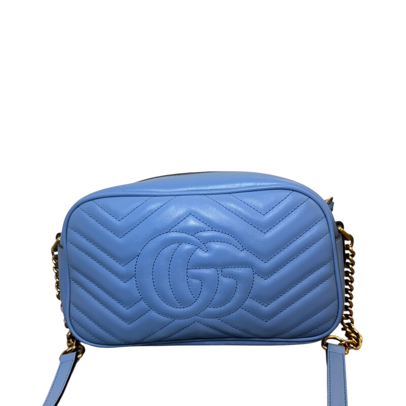 Gucci Marmont Camera Small Blue<br />
<br />
Code: 447632 001998<br />
<br />
Dimensions:<br />
9.5W x 5H x 3D<br />
<br />
In very good condition. Light scuffs to the leather corners and hardware.<br />
<br />
Does not come with the original dust bag or box.