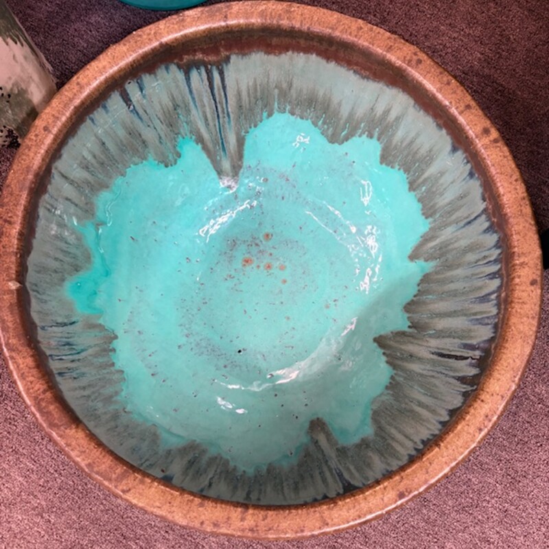 Artisan Inside Drip Bowl<br />
Teal Brown Light Green Pottery<br />
Size: 20x9H