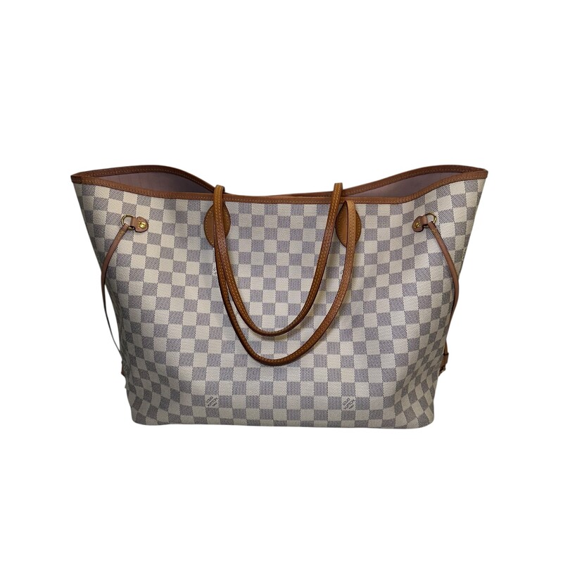 Louis Vuitton Neverfull Damier Azur GM<br />
<br />
Date Code: SD2169<br />
<br />
Dimensions:<br />
15.4 x 12.6 x 7.5 inches<br />
(Length x Height x Width)<br />
<br />
In good condition. Wear and stains in the interior. Wear to the corners and straps.<br />
<br />
Does not come with the original dust bag or box.