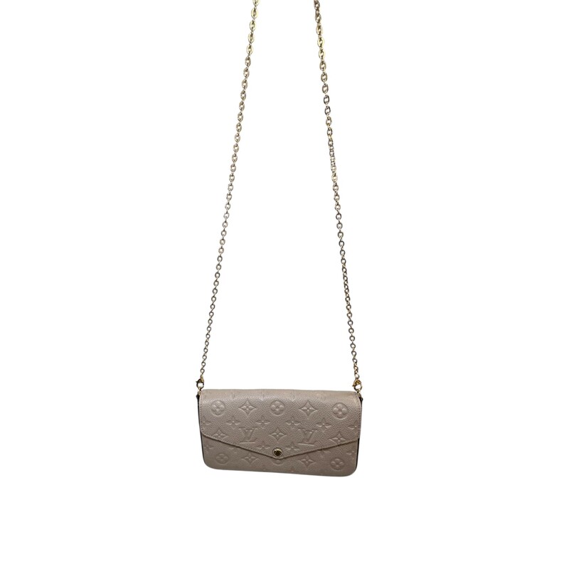 Louis Vuitton Pochette Félicie Turtledove Empriente<br />
<br />
Chipped<br />
<br />
Dimensions:<br />
8.3 x 4.7 x 1.2 inches<br />
(Length x Height x Width)<br />
<br />
In very good condition. Light scuffing to the hardware.<br />
<br />
Comes with the credit card insert not the pouch zip insert.<br />
<br />
Does not come with the original dust bag or box.