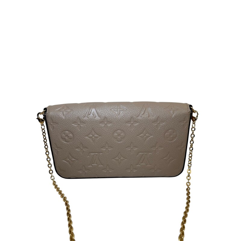 Louis Vuitton Pochette Félicie Turtledove Empriente<br />
<br />
Chipped<br />
<br />
Dimensions:<br />
8.3 x 4.7 x 1.2 inches<br />
(Length x Height x Width)<br />
<br />
In very good condition. Light scuffing to the hardware.<br />
<br />
Comes with the credit card insert not the pouch zip insert.<br />
<br />
Does not come with the original dust bag or box.