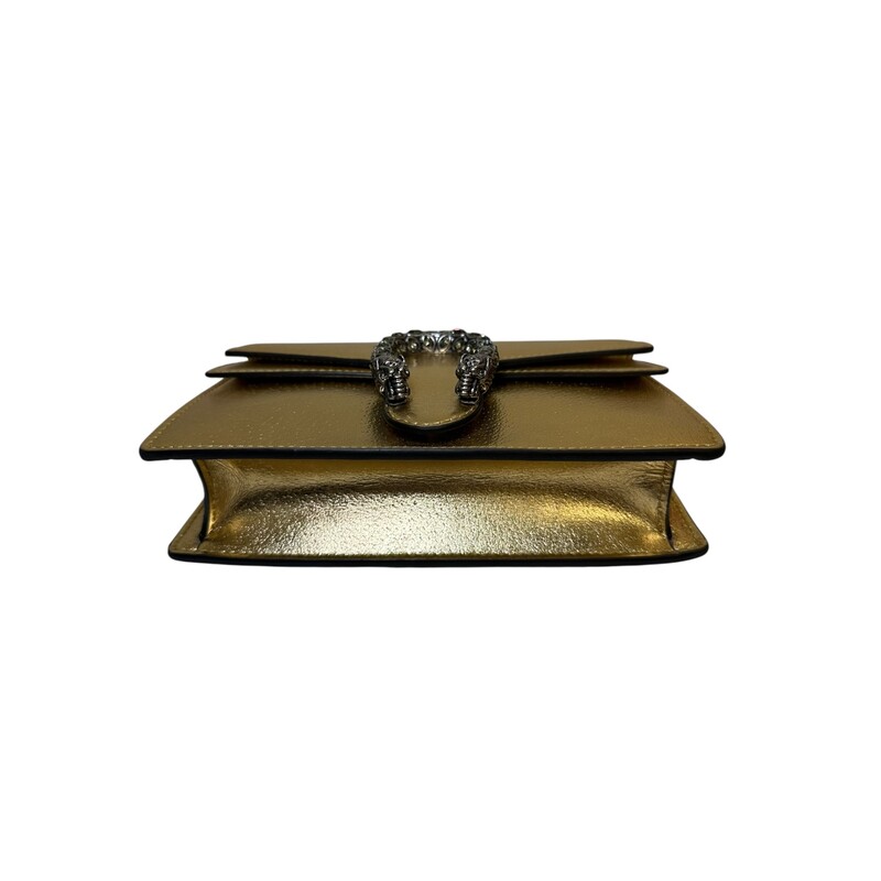 Gucci Dionysus Super Mini Gold Leather Bag<br />
<br />
Style Code:<br />
476432 2149<br />
<br />
Dimensions:<br />
6.5 Wx 3.9 H x 1.6 D<br />
<br />
In very good condition. Light marks to the interior.<br />
<br />
Comes with the original dust bag. No box.