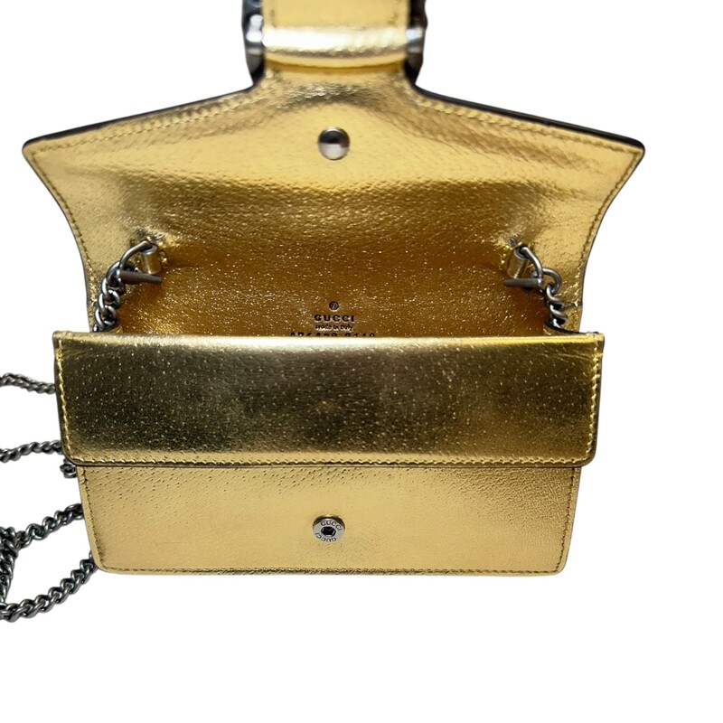 Gucci Dionysus Super Mini Gold Leather Bag<br />
<br />
Style Code:<br />
476432 2149<br />
<br />
Dimensions:<br />
6.5 Wx 3.9 H x 1.6 D<br />
<br />
In very good condition. Light marks to the interior.<br />
<br />
Comes with the original dust bag. No box.