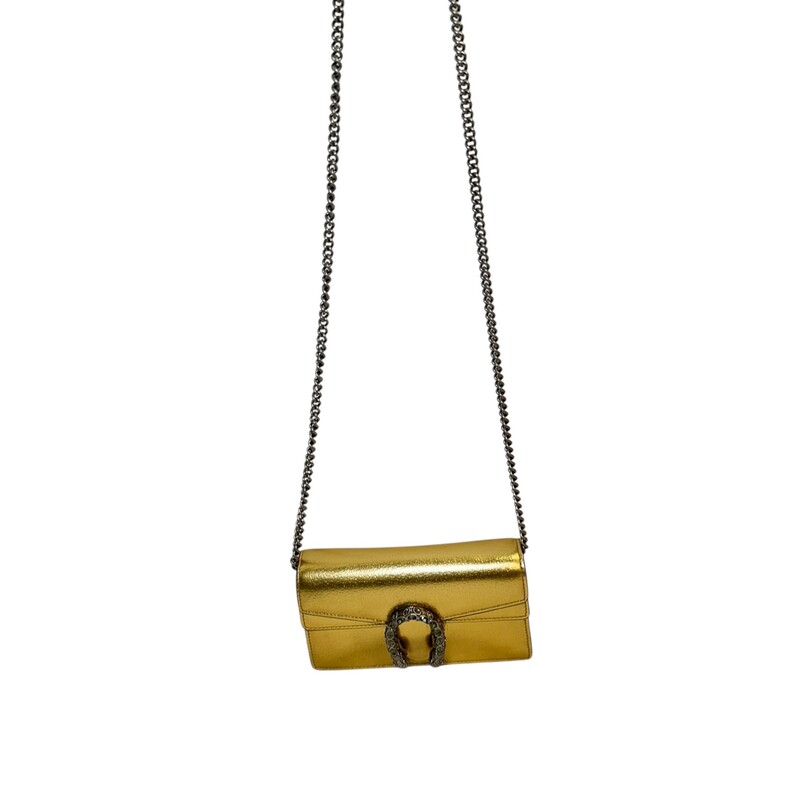 Gucci Dionysus Super Mini Gold Leather Bag<br />
<br />
Style Code:<br />
476432 2149<br />
<br />
Dimensions:<br />
6.5 Wx 3.9 H x 1.6 D<br />
<br />
In very good condition. Light marks to the interior.<br />
<br />
Comes with the original dust bag. No box.