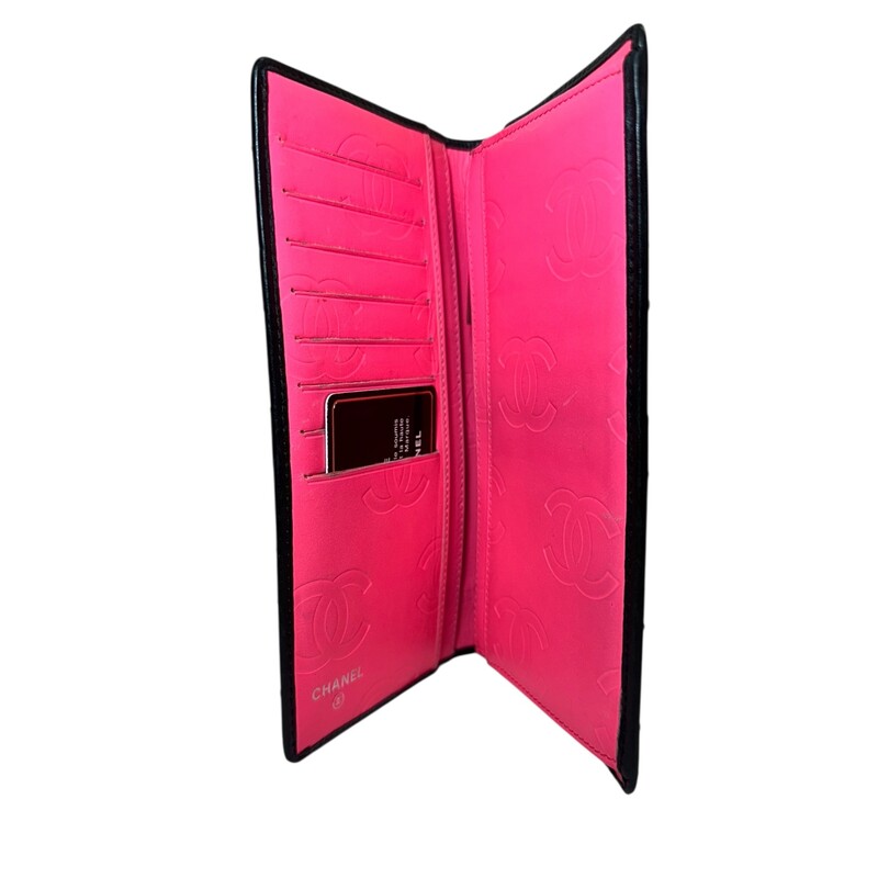 Chanel Cambon Leather Long Black Wallet<br />
<br />
Code: 1413****<br />
<br />
Dimensions:<br />
7.25 in H x 4.5 W x 1in<br />
<br />
In very good condition. Light wear to the interior and light corner wear.<br />
<br />
Does not come with the original dust bag or box.