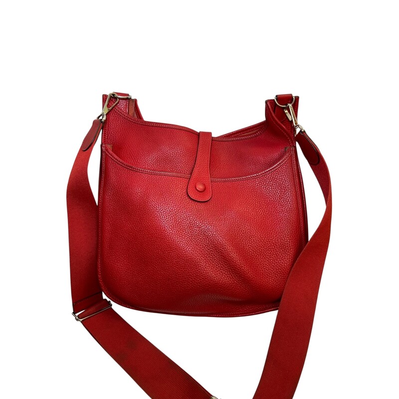 Hermes Evelyne Clemence Generation III Crossbody<br />
<br />
Date Code:T(2015)<br />
<br />
Dimensions:12.5W x 12H x 4D inches<br />
<br />
In good condition. Coner wear and some black marks on the back leather. Some warping of leather buckle.<br />
<br />
Comes with the original dust bag and box.