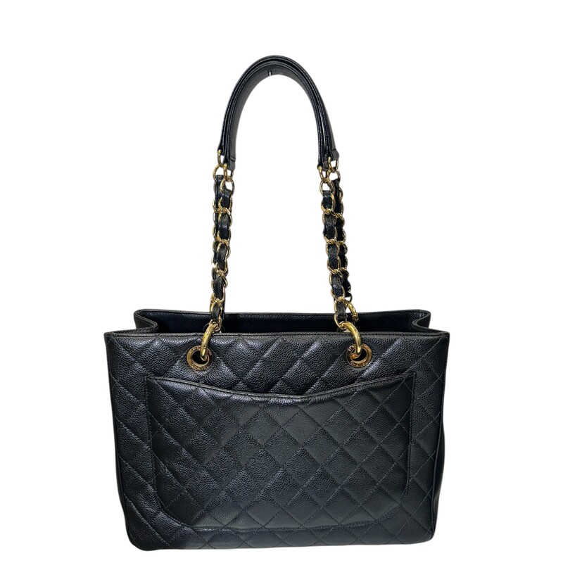 Chanel Grand Shopper Black Caviar Tote<br />
<br />
Serial Code: 1986****<br />
<br />
Dimnensions:<br />
Length: 13.25 in<br />
Height: 9.75 in<br />
Width: 5.25 in<br />
Drop: 9.75 in<br />
<br />
In excellent condition. Very faint scratching on the hardware.<br />
<br />
Does not come with the original dust bag or box.