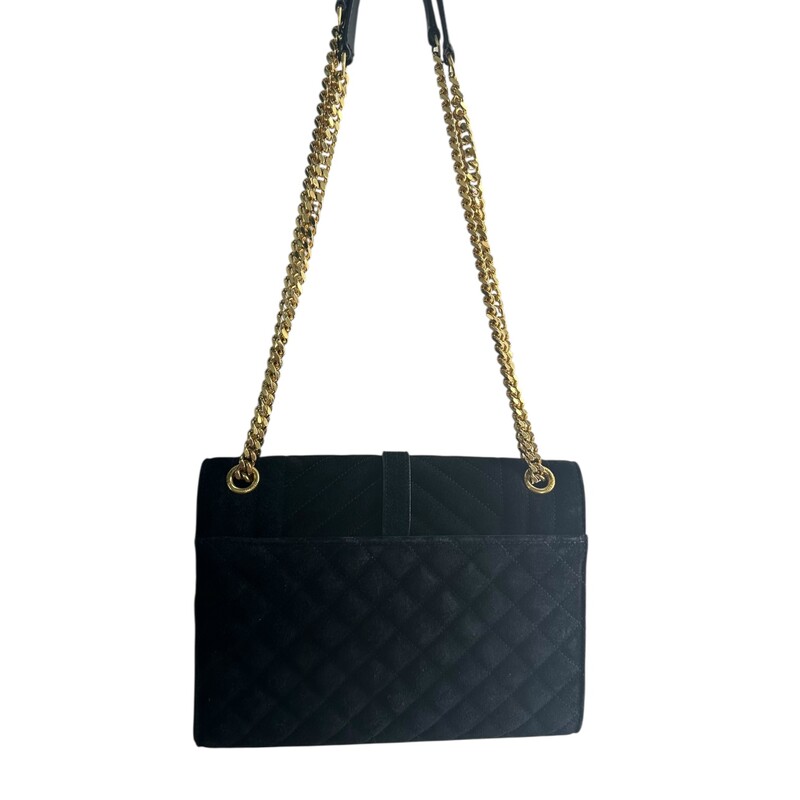 Saint Laurent Triquilt Suede Chain Flap Bag<br />
<br />
Style Code: AR56600135.1219<br />
<br />
Dimensions : 9L X  & 7 H inches<br />
<br />
In very good condition. Some scratches on the hardware. Minor interior marks.<br />
<br />
Does not come with the original dust bag or box.