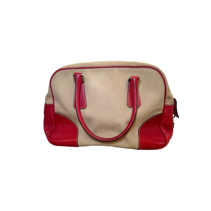 Prada Cinghiale Trimmed Canapa Bowler Bag<br />
<br />
Factory Code: 31<br />
<br />
Dimensions: 13 L x 7 H inches<br />
<br />
In very good condition. Some scratches on the leather.<br />
<br />
Comes with the original dust bag and box.